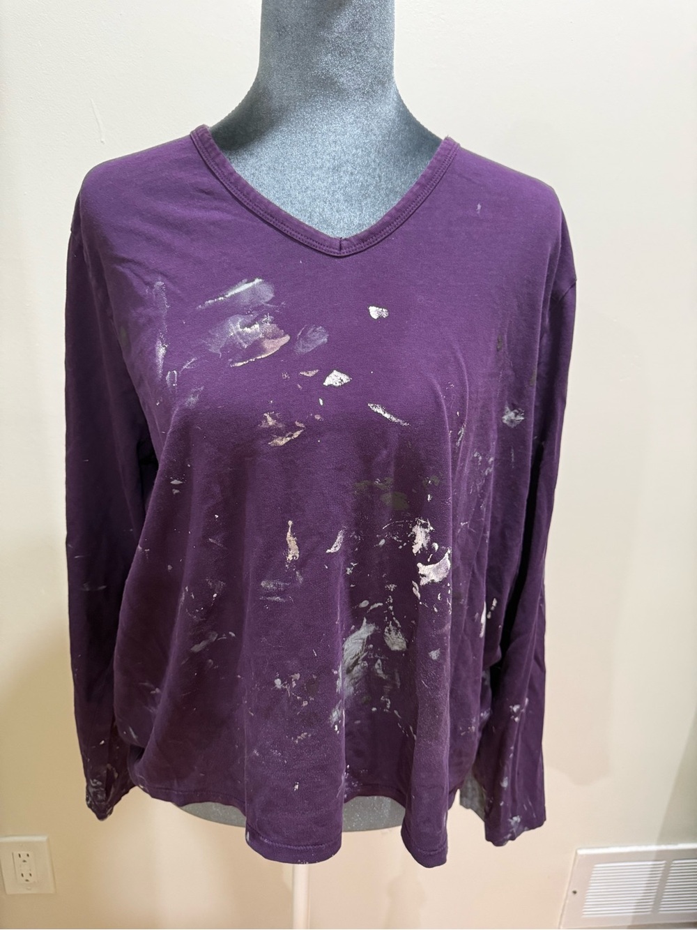 Lands' End Purple V-Neck Long Sleeve Tee with Paint Detail 100% Cotton